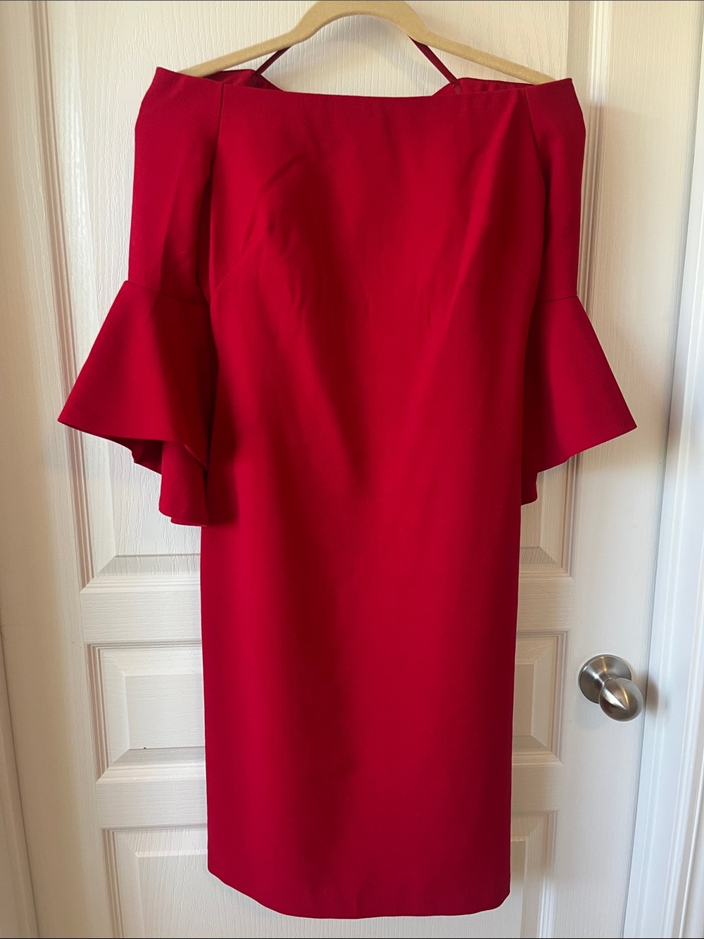 Chelsea28 Red Off-Shoulder Ruffle Sleeve Sheath Dress